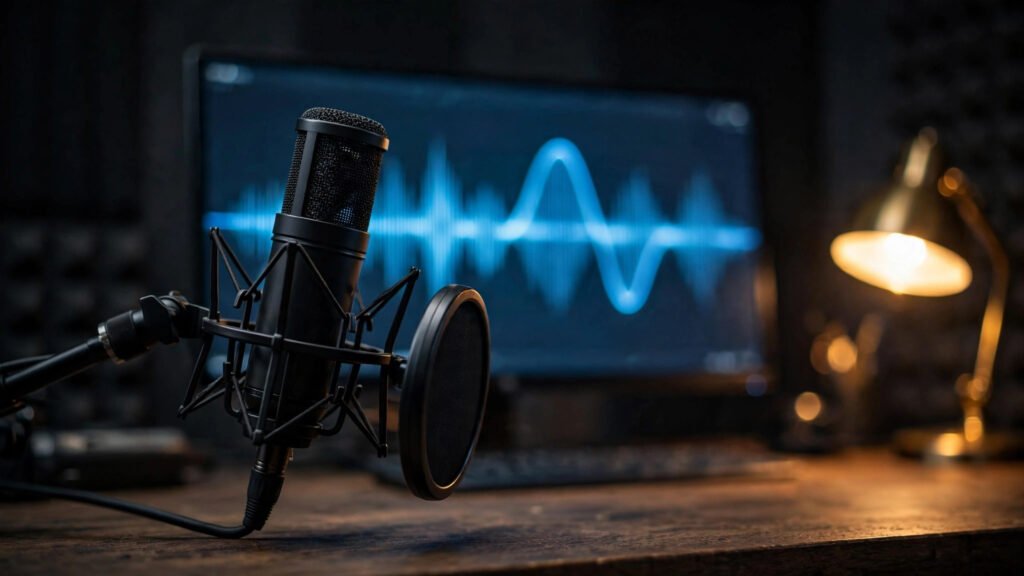 Studio microphone with audio waveform displayed on a monitor