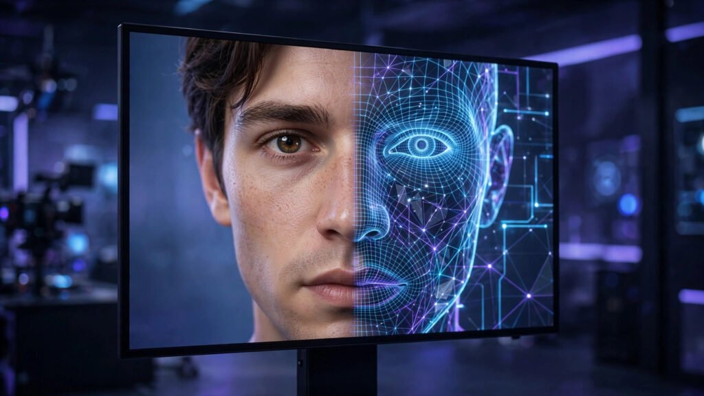 Digital AI avatar face displayed on a studio screen