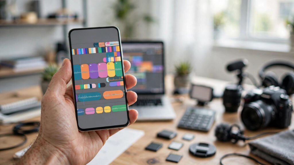 Hand holding smartphone showing video editing timeline