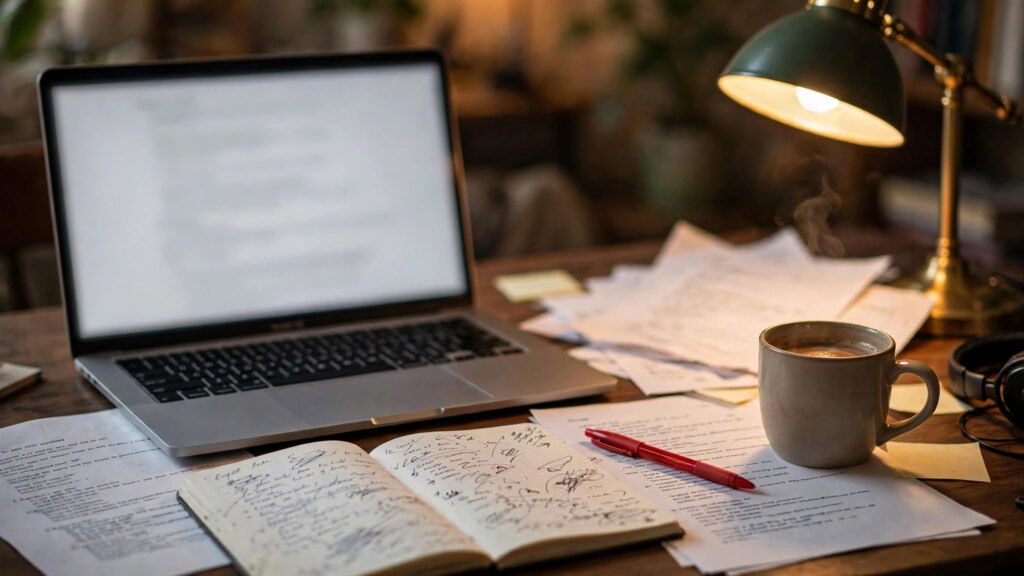 Desk with script pages and AI writing workspace