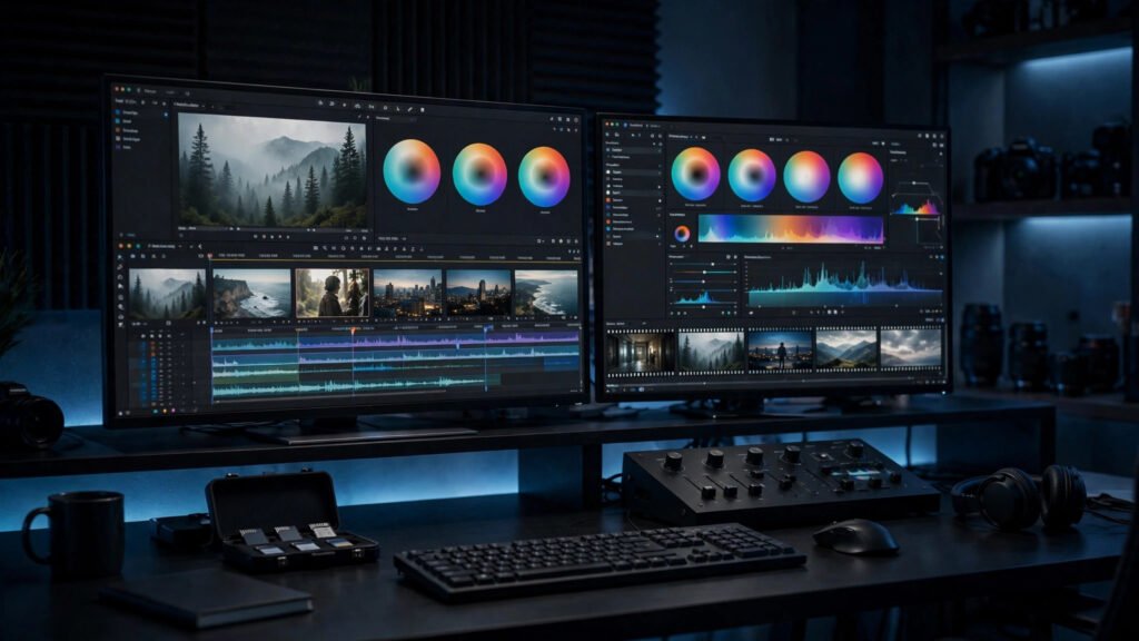 Multi-shot video sequence displayed across studio monitors