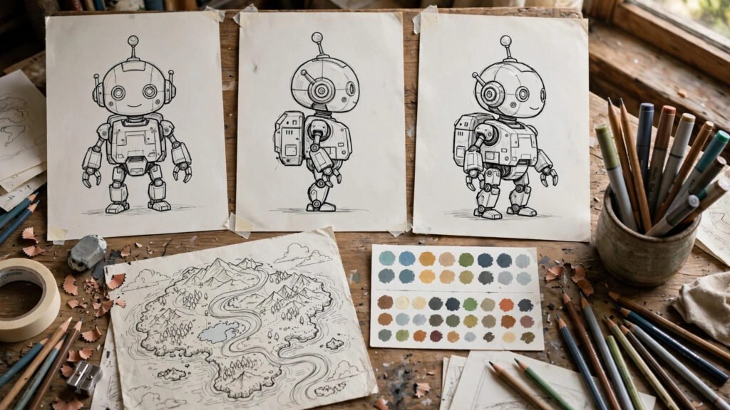 Character design sheets and fantasy world map sketches