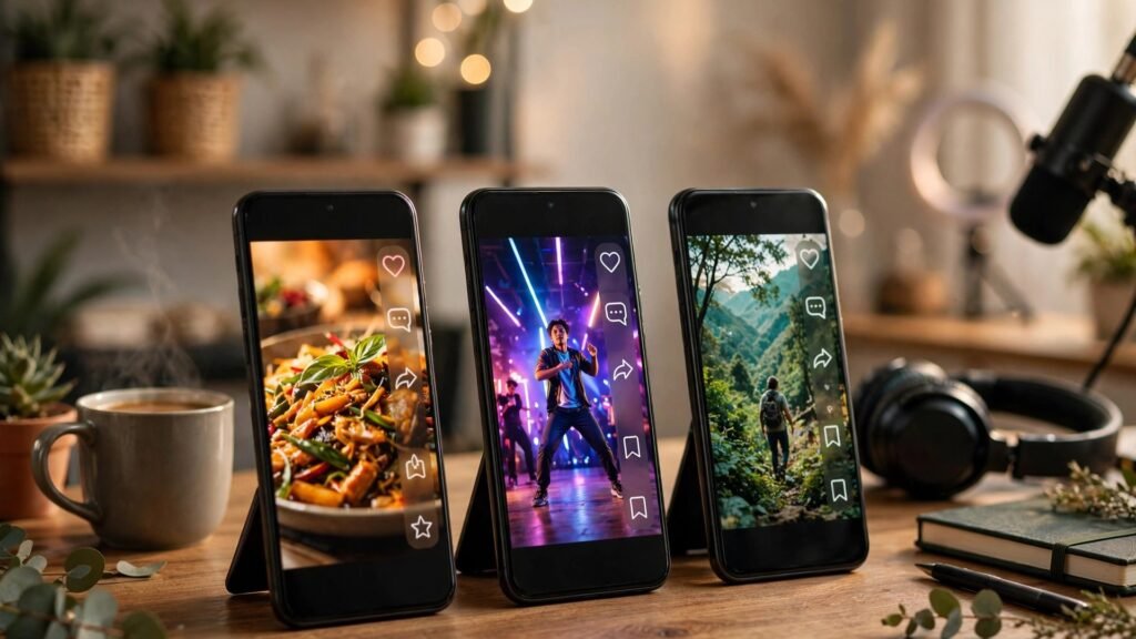 Three phones showing Shorts, TikTok and Reels interfaces