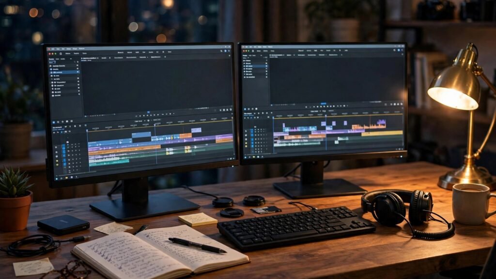 Freelancer desk with client brief and video editing project