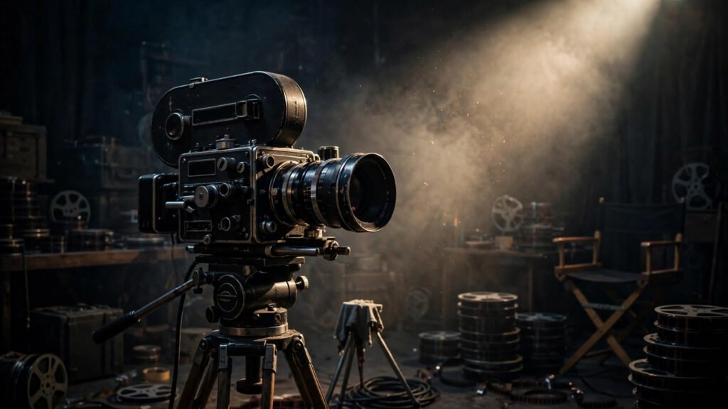 Vintage cinema camera with dramatic noir lighting