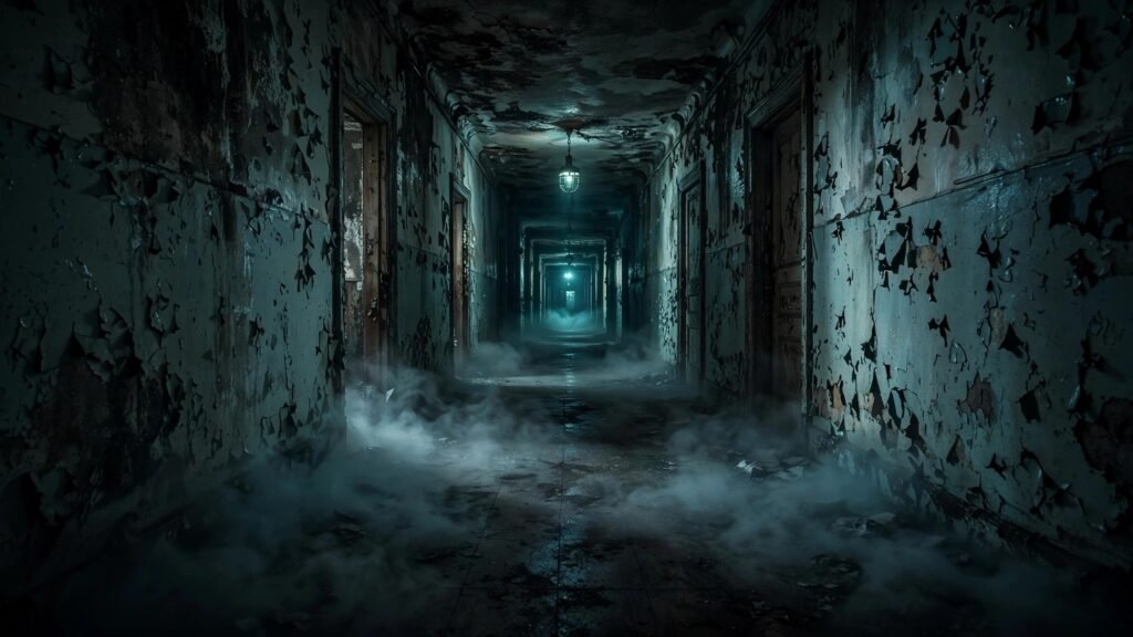 Foggy haunted hallway with eerie glowing light