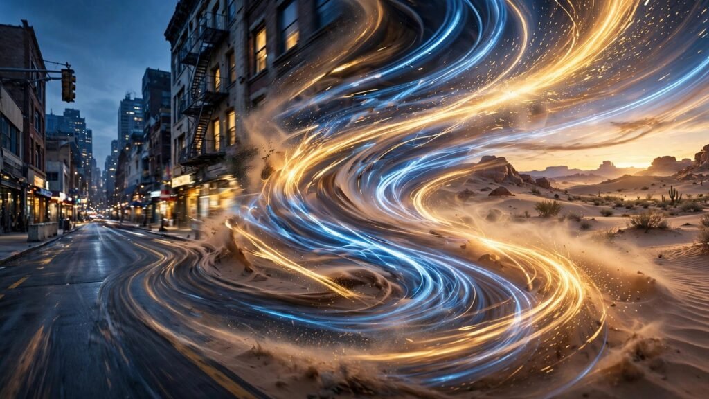 City street morphing into desert with light trails