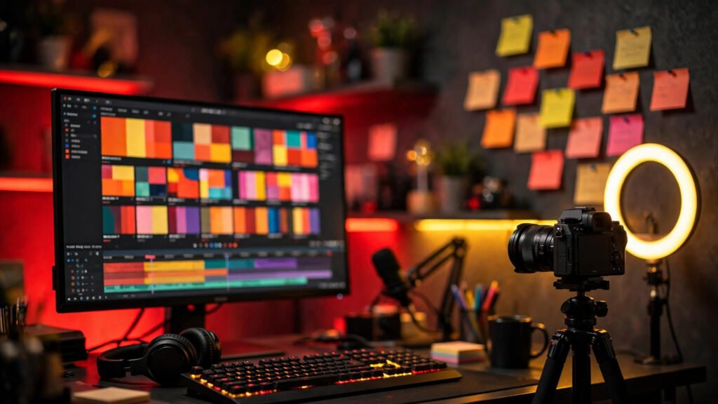 Creator desk with thumbnail design workspace