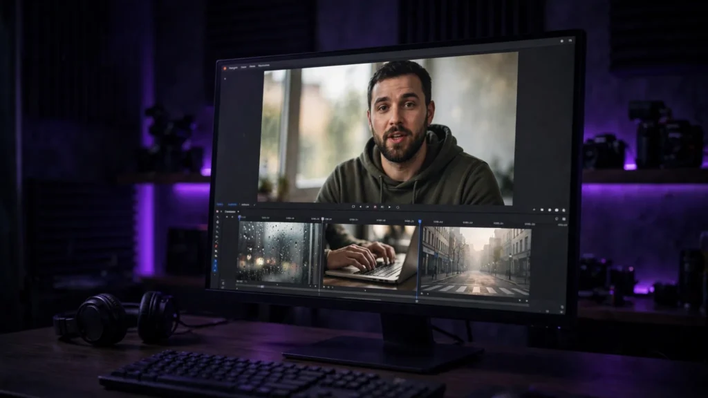 Editing timeline with atmospheric AI b-roll clips supporting a main talking shot