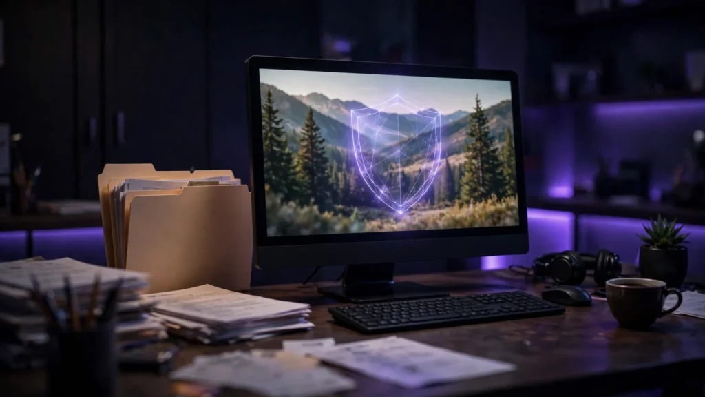 Creator desk with video project folder, script and license papers under a protective shield icon
