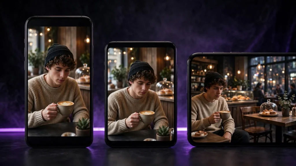 Same AI video scene shown in vertical, square and widescreen frames