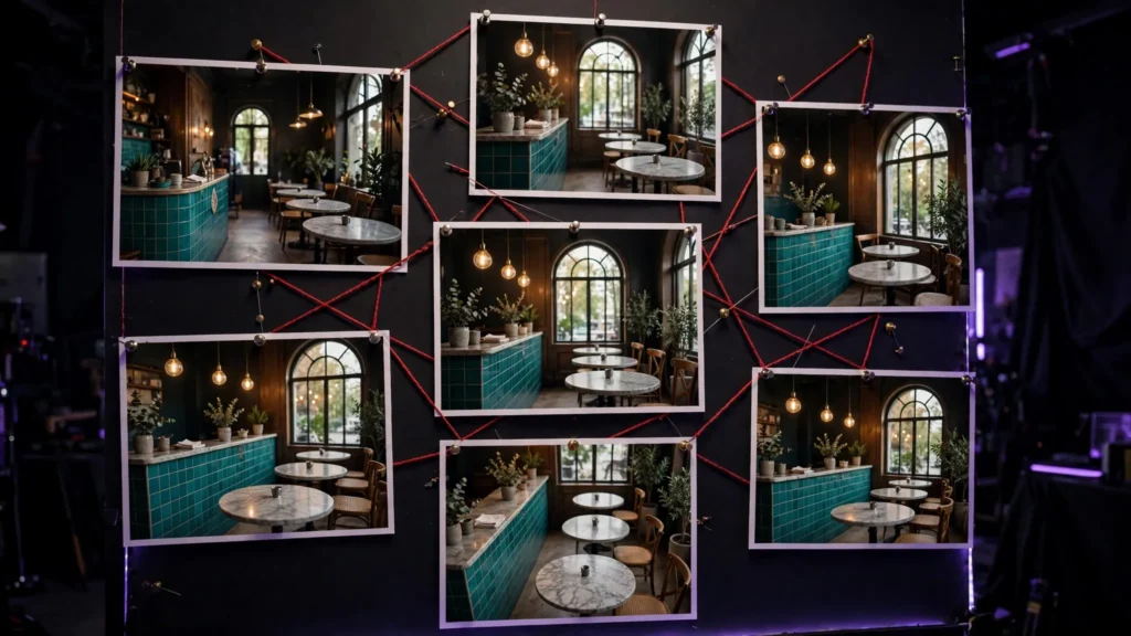Storyboard wall of the same cozy cafe set shown from multiple angles