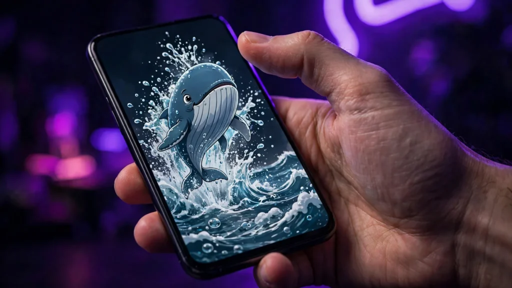 Phone showing a dramatic first frame of a whale leaping toward the camera