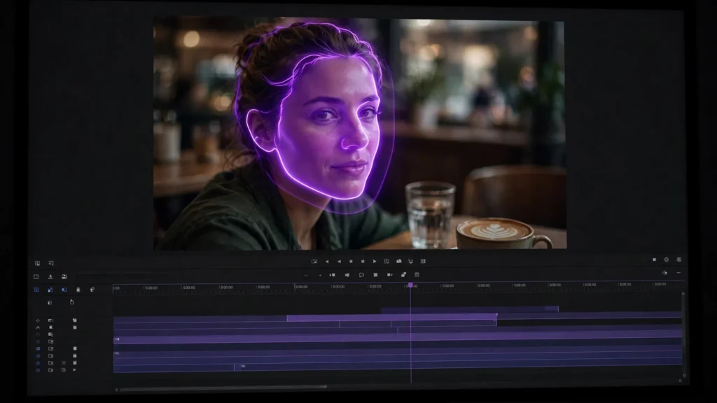 Video editor timeline showing a face region masked for repair in an AI-generated cafe scene