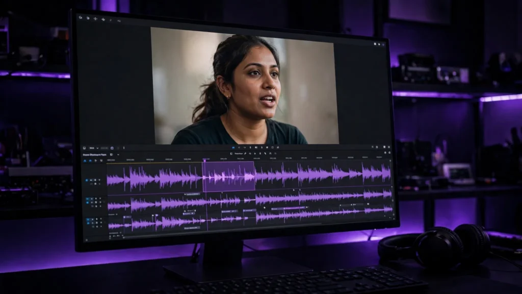 Editing timeline aligning a talking character's video with its audio waveform for lip sync