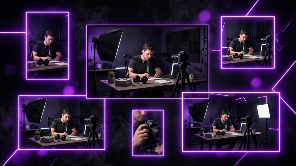 One master AI video frame shown in vertical, square and widescreen aspect ratio versions