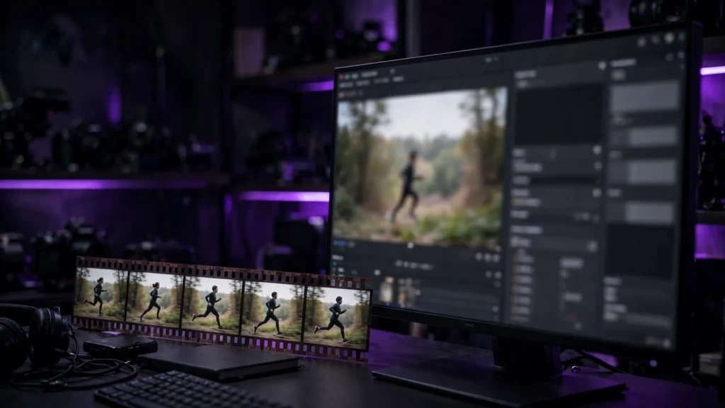 Editing monitor with render settings and a strip of motion frames