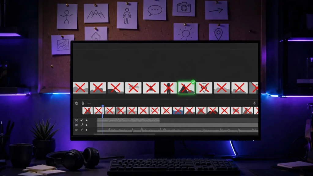 AI video editing timeline with rejected Seedance takes marked with red X and one approved take highlighted