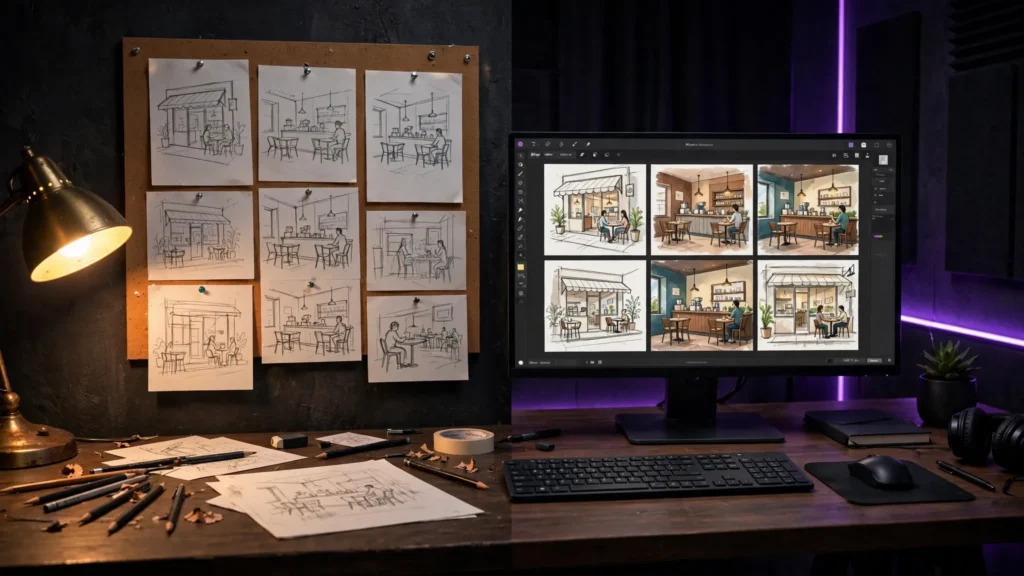 Hand-drawn paper storyboard cards beside a monitor with digital storyboard frames of the same scene