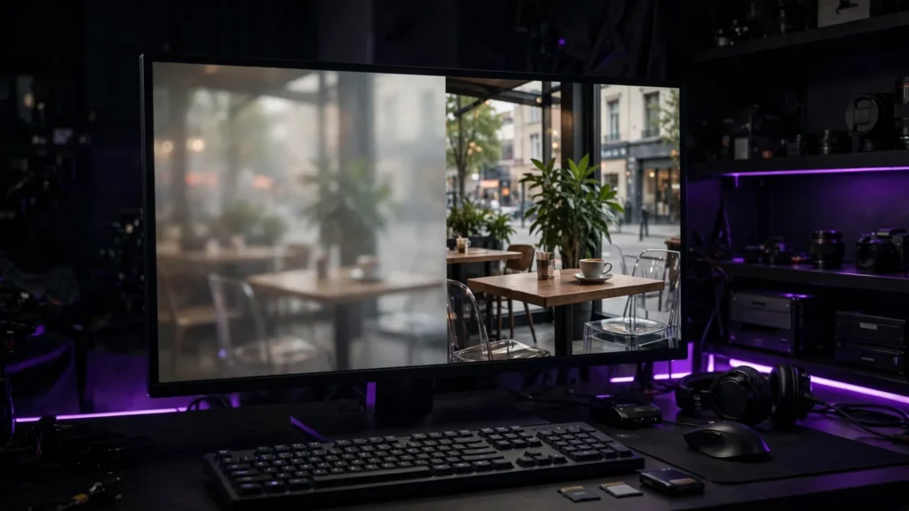 Side-by-side comparison of a soft AI video frame and its sharper upscaled version on an editing monitor