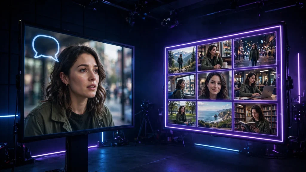 Two video screens comparing a single photorealistic AI clip with a consistent character series