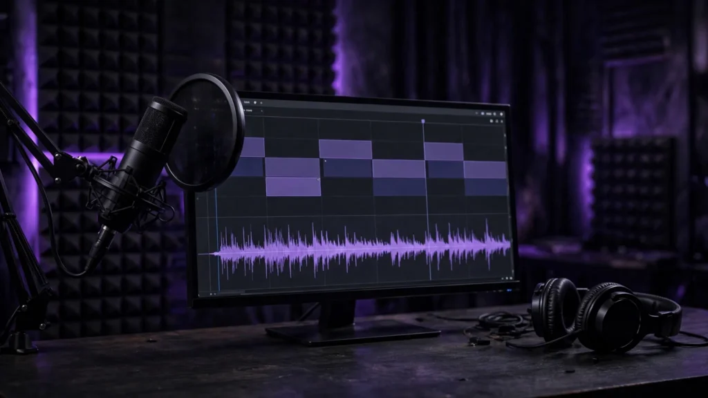 Studio microphone beside an editing timeline where clips are cut to a voiceover waveform