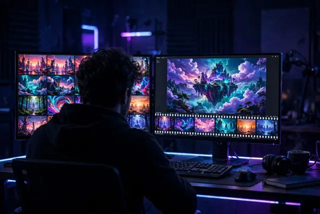 Reviewing generated AI video clips on two monitors