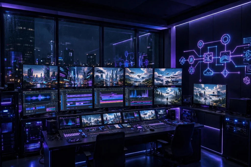 Video production pipeline: editing timelines on studio monitors