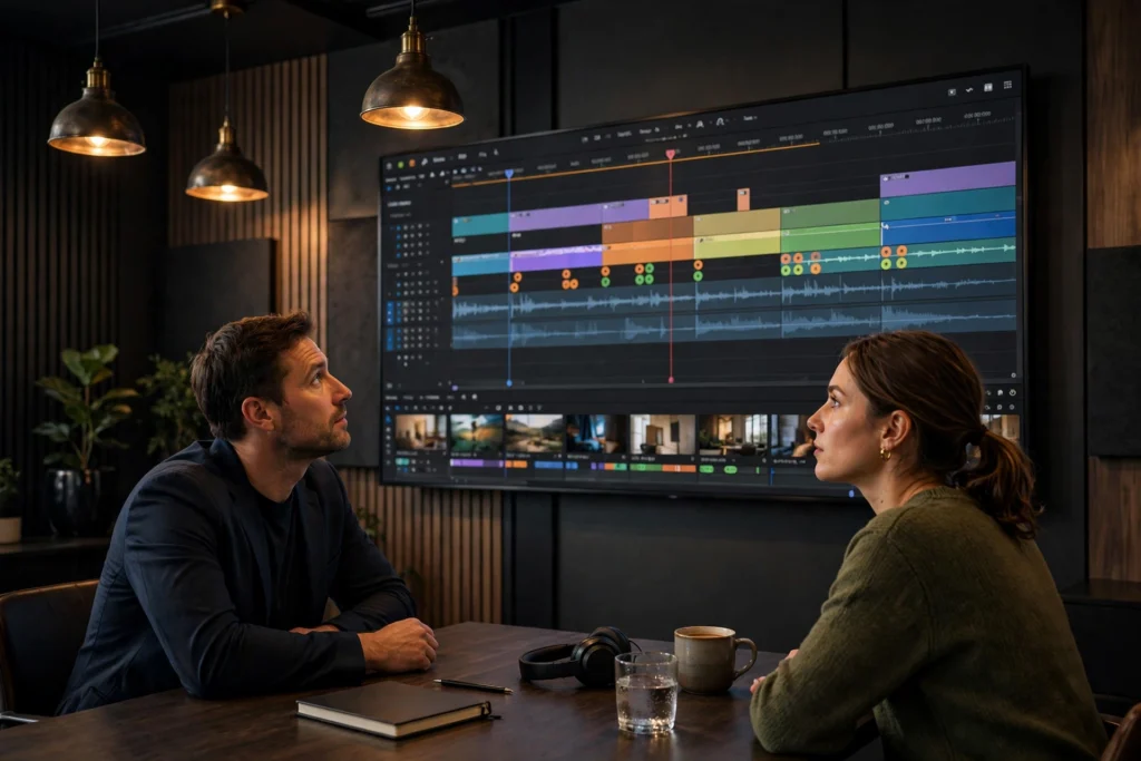 Client reviewing AI video edits in a studio session