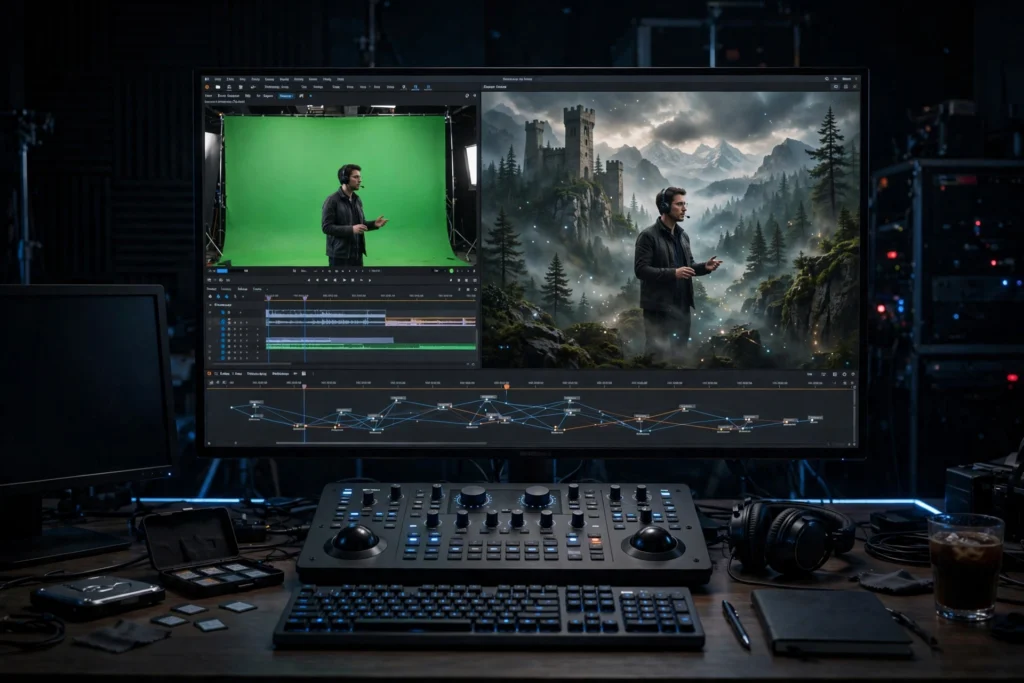 VFX compositing: green screen blended with AI background