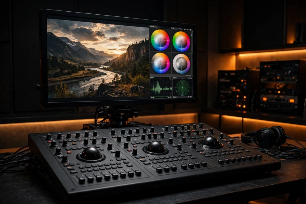 Professional color grading suite with scopes