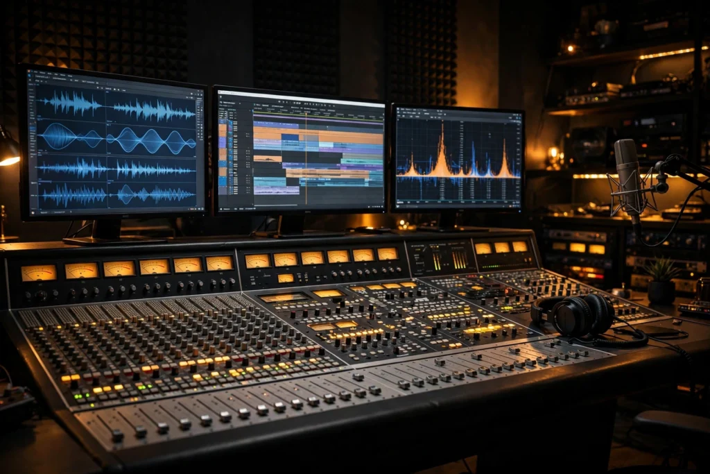 Audio mixing studio with waveforms and console
