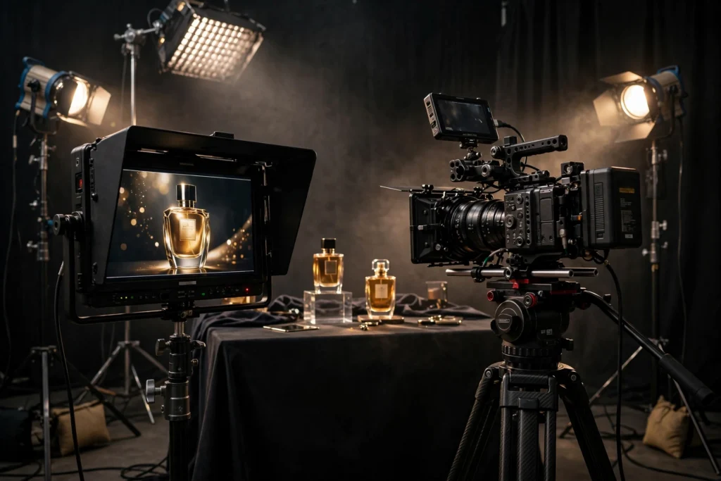 Commercial film set with cinema camera