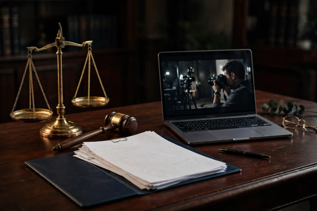 Legal documents and gavel beside laptop with video