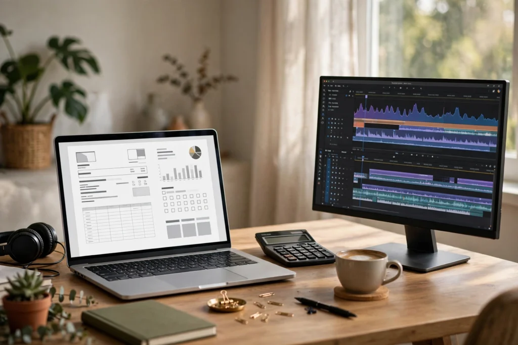 Freelancer workspace with pricing documents and laptop