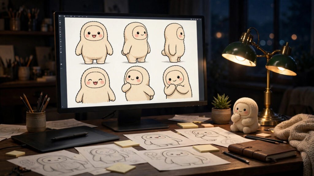Character designer desk with AI monster character reference sheet