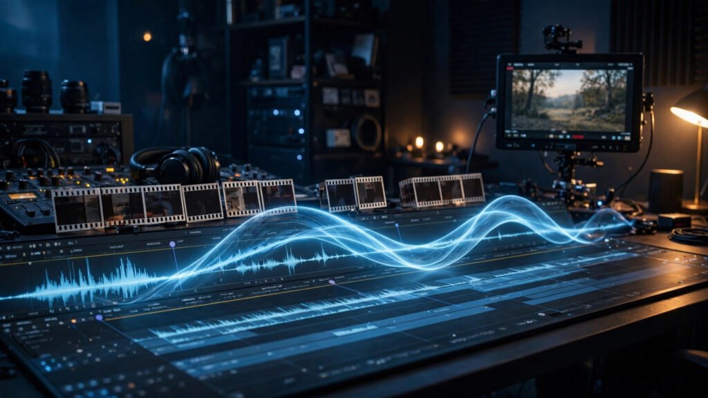 Audio studio desk with glowing voice waveform and mixing console
