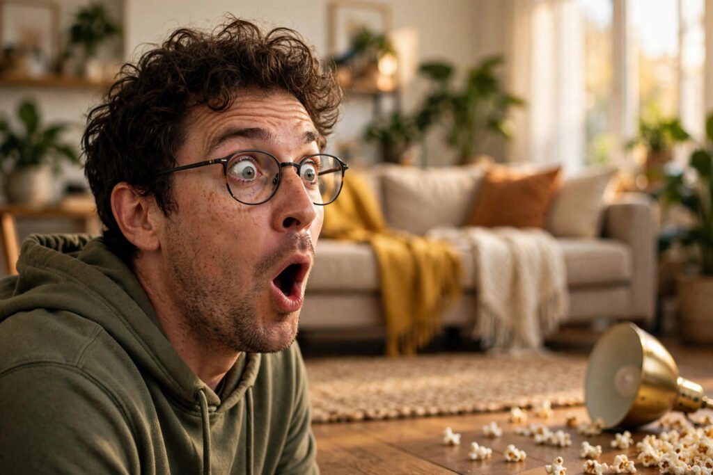 Comedian doing exaggerated shocked double-take with spilled popcorn
