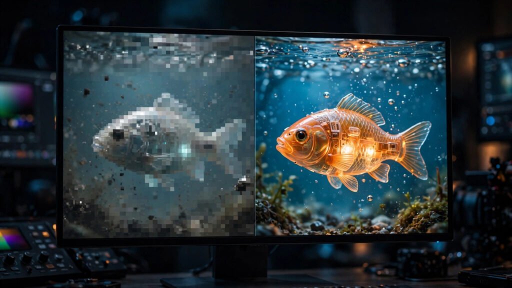 Monitor showing before and after AI video upscaling comparison