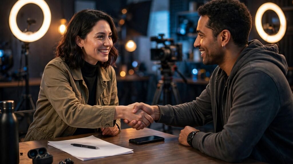 Two creators shaking hands in a video studio, brand deal
