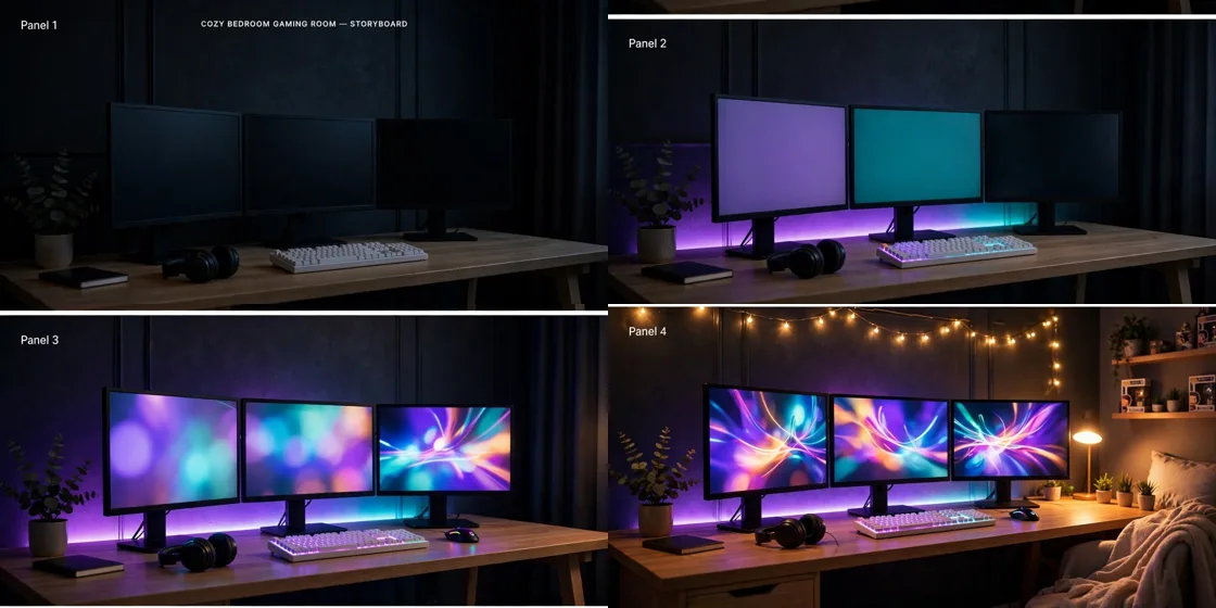 Storyboard: Gaming Setup & RGB Room Tours — Ultra Master Prompt (Seedance 15S)