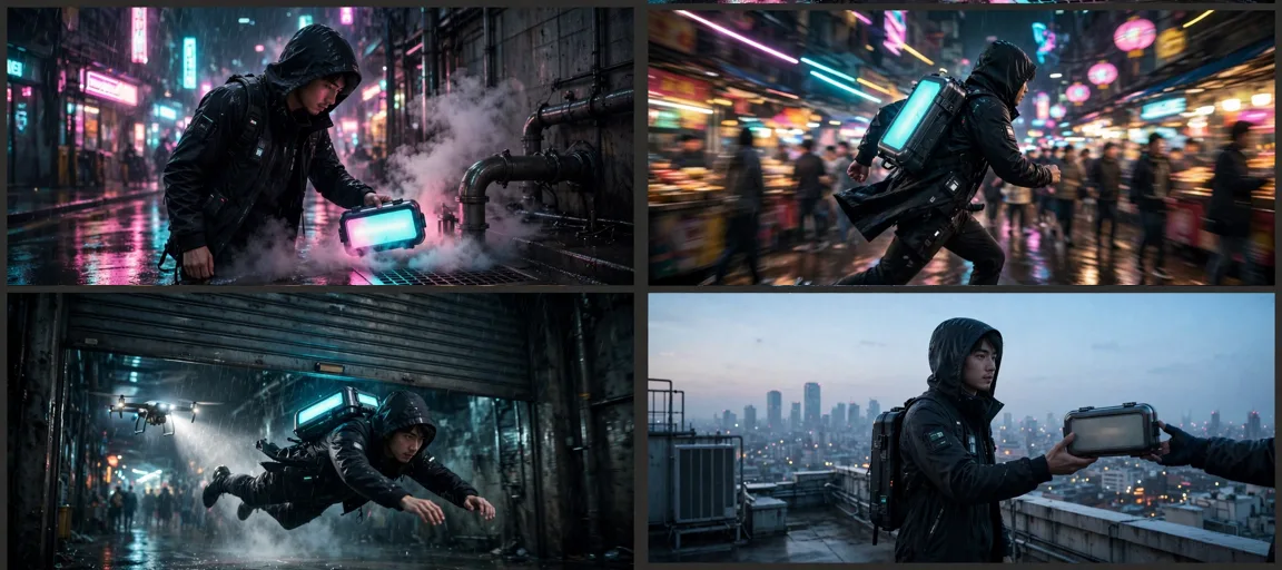 Storyboard: Cyberpunk Courier Story Scenes — Ultra Master Prompt (Seedance 30S)
