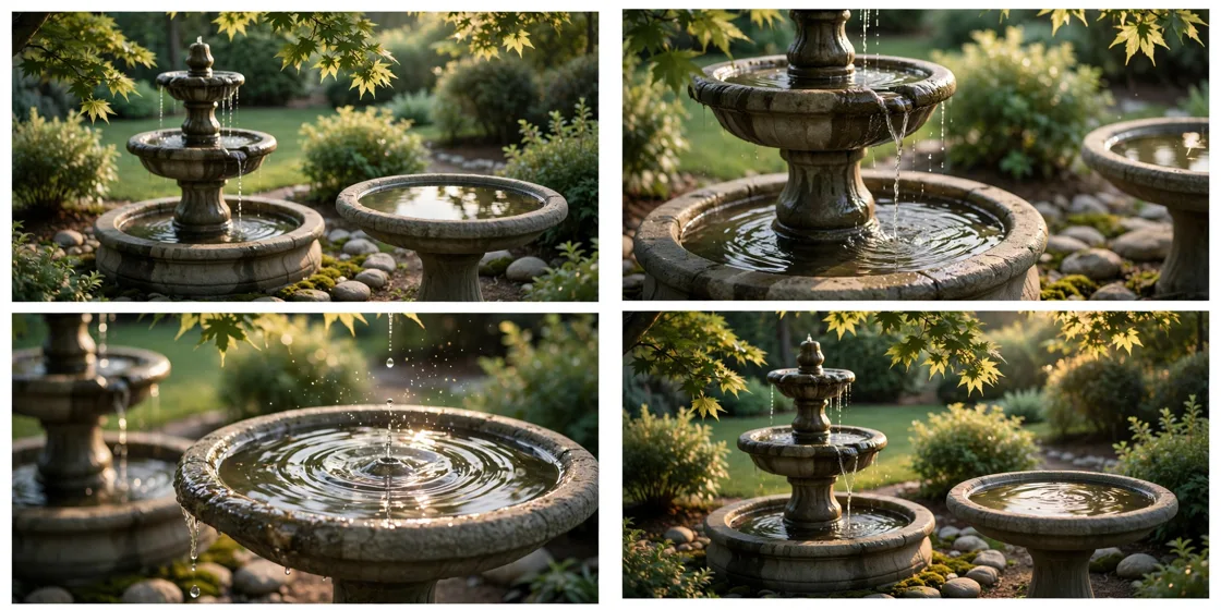 Storyboard: Fountain & Bird Bath Garden Corners — Ultra Master Prompt (Veo 10S)