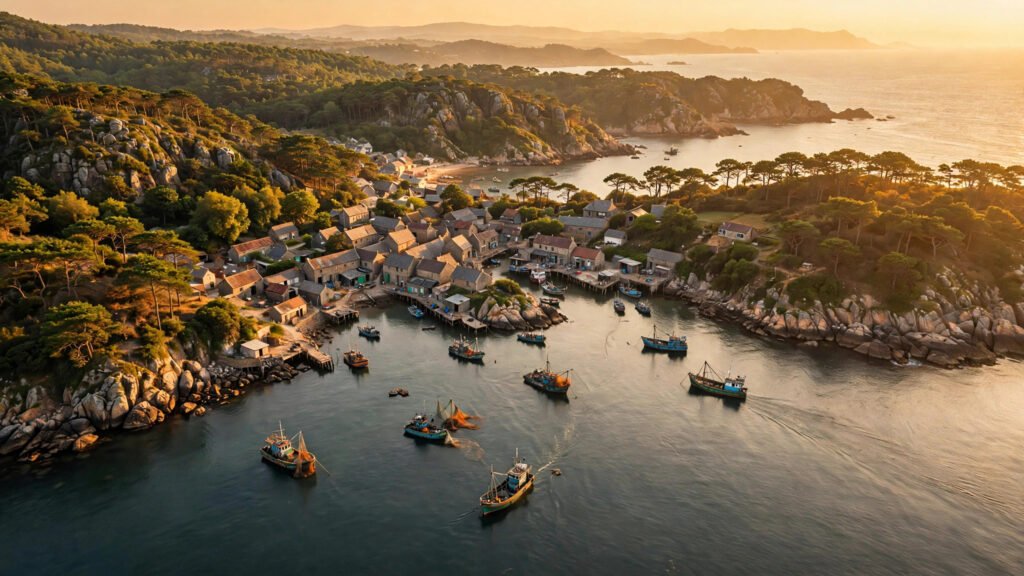 Drone aerial view of a fishing village on a rocky coastline at golden hour