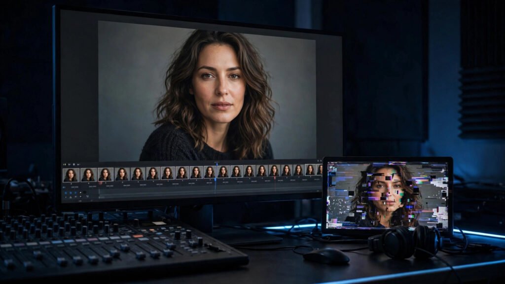 Video editing suite monitor showing stable frames and flicker being fixed
