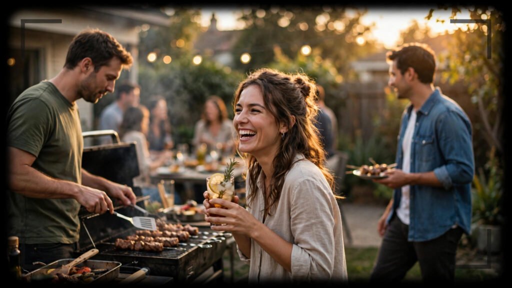 Three friends at a backyard barbecue at golden hour, group scene composition