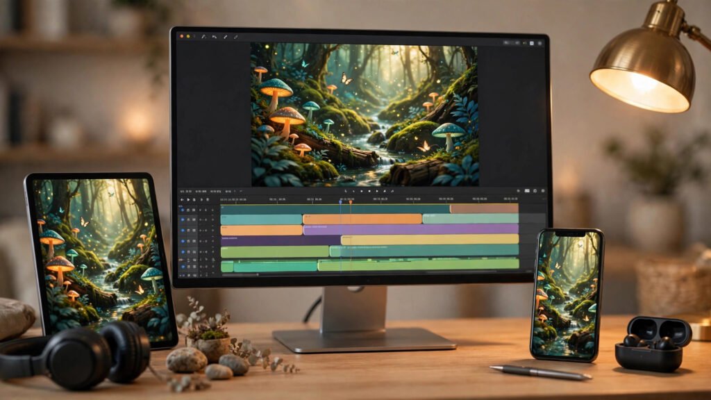 Creator desk with video edit timeline adapted for phone and tablet screens